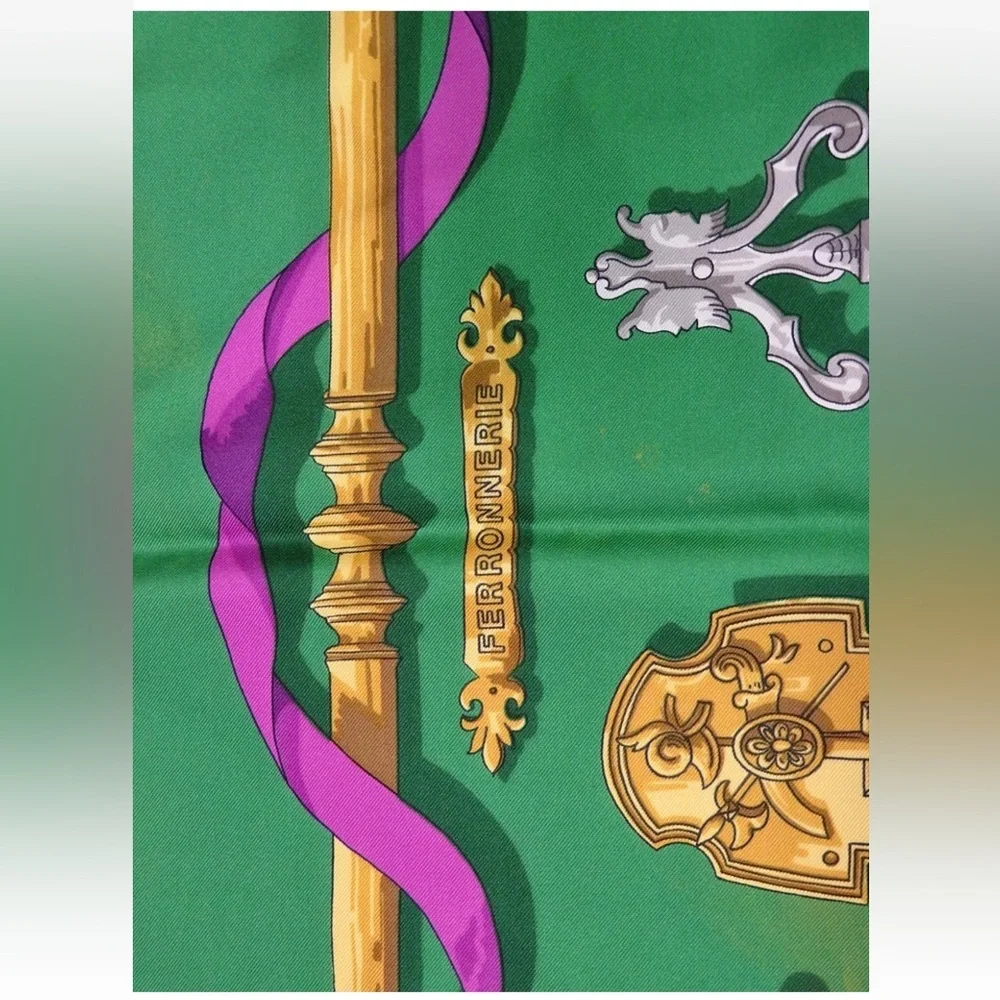 Hermes Green and Gold Scarf with Purple Accents - Picture 7 of 15